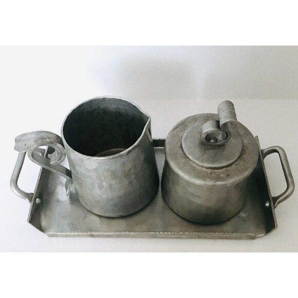 1940s Buenilum Hammered Aluminum Cream & Sugar Set & Serving Tray BW Metalwork - Picture 5 of 13